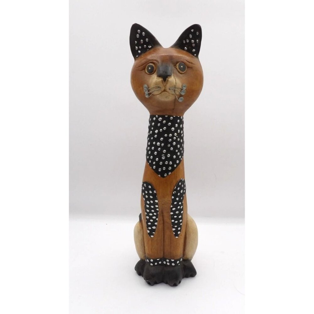 Wooden Cat Statue Hand Carved Embellished Metal Wire Whiskers Unbranded Unsigned